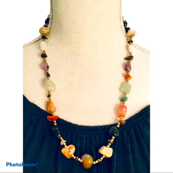 Multicolored Stone & Gold Bead Necklace. - Picture 2 of 2